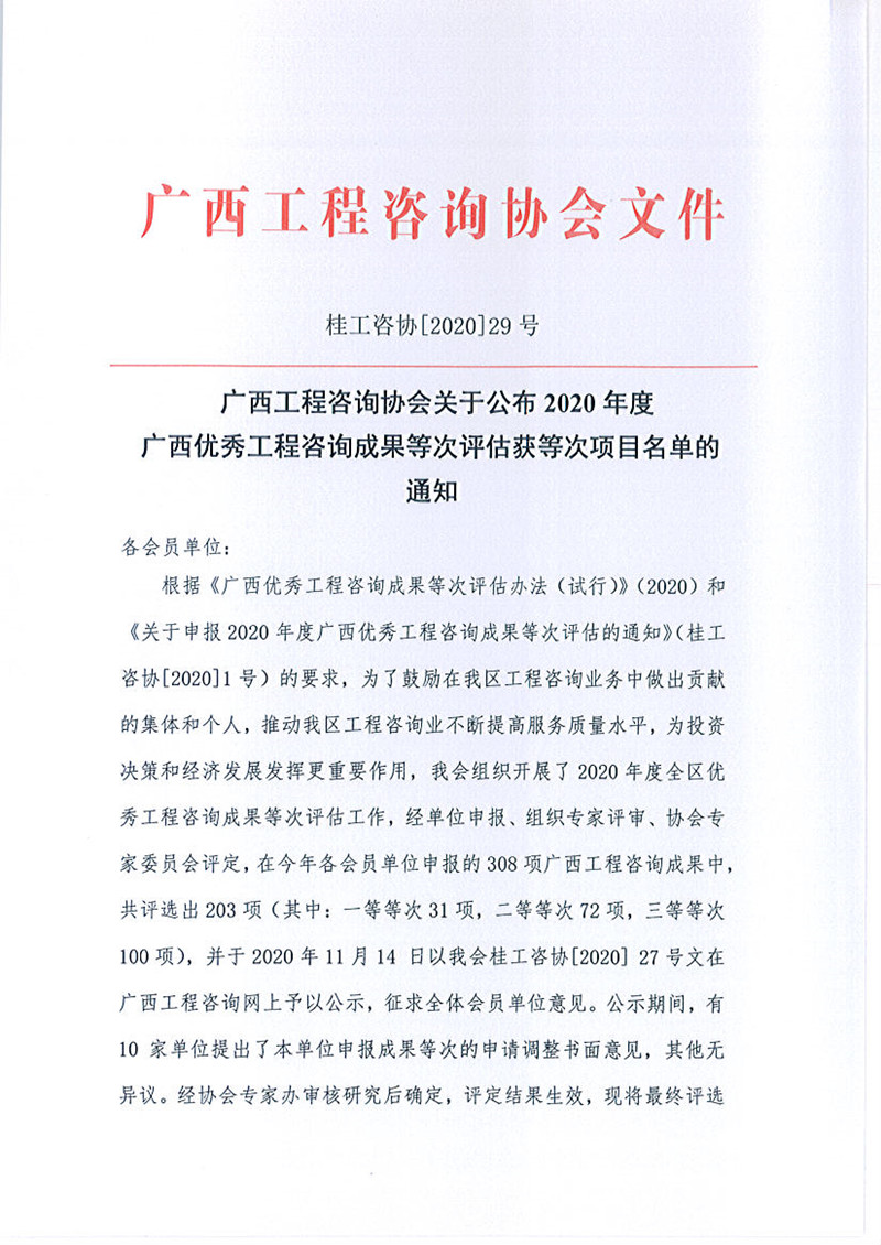 喜報！廣西工程咨詢集團有限公司6項成果榮獲廣西優(yōu)秀工程咨詢成果獎